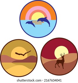 three beautiful landscape icons made in a unique style