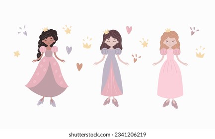 three beautiful little princesses on a white background, fairy tale