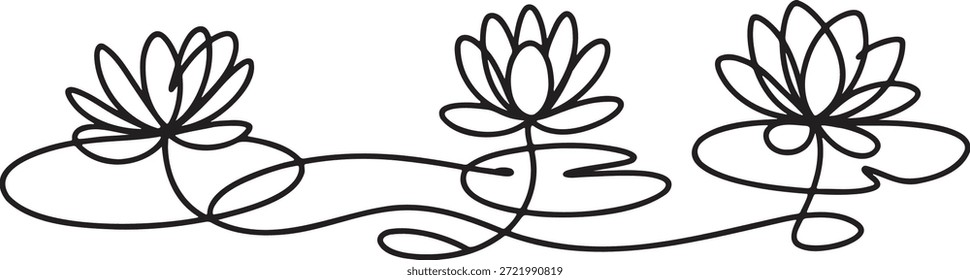 Tres hermosas flores de loto Ilustración vectorial dibujada en una línea de arte. Lirio de agua sobre cojines de lirio flotantes. Boceto botánico minimalista adecuado para el Anuncio de belleza de spa. Dibujo abstracto de Naturaleza.