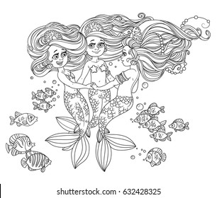 Three beautiful mermaid girls swirl in dance surrounded by fish outlined isolated on a white background