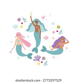 Three beautiful mermaids with magic wands, colorful hair, and sparkling tails swim playfully among corals, seashells, and starfish in an enchanting underwater scene.