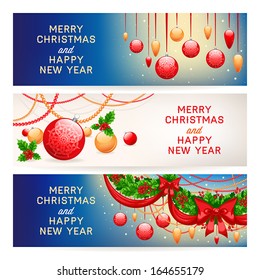 three beautiful New Year banners with Christmas decorations and place for text 