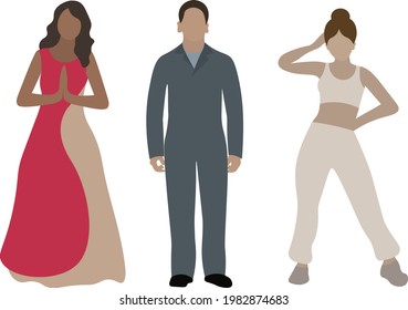 
Three beautiful people with different skin colors stand together. Different races. Vector illustration