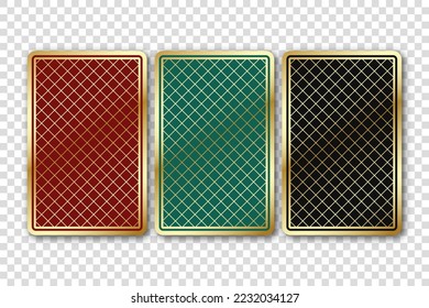 Tres hermosas cartas de juego. Las tarjetas traseras son verdes, rojas y negras. Ilustración vectorial en un fondo transparente.