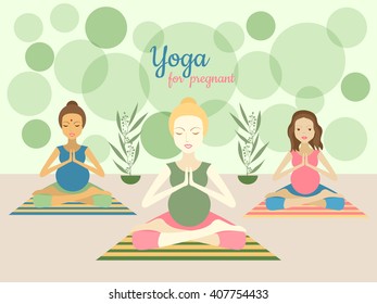 Three beautiful pregnant women practicing yoga exercises in gym. Vector illustration