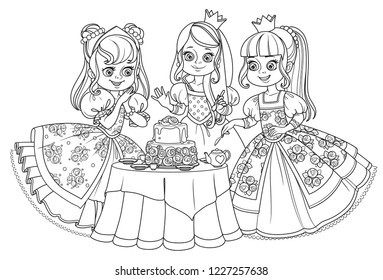 Three beautiful princesses having a tea party with a cake outlined for coloring book isolated on white background