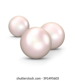 Three Beautiful Realistic Pink Colored 3D Vector Pearls - Isolated on White Background with Smooth Shadow. Cultured Bright Oyster Pearls with Cream Colored Glossy Surface - Vector Illustration.