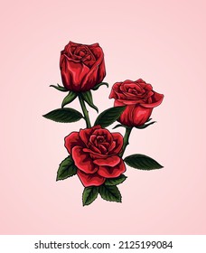 three beautiful red roses, vector illustration