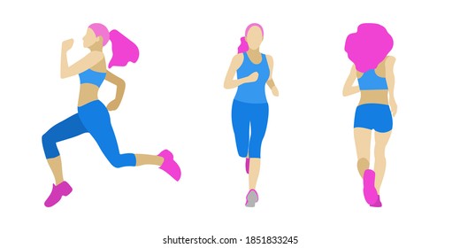 Three Beautiful Slender Girls Jogging. In The Same Style From Different Angles. Isolated On White Background