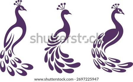 three beautiful, stylized purple silhouettes of a peacock