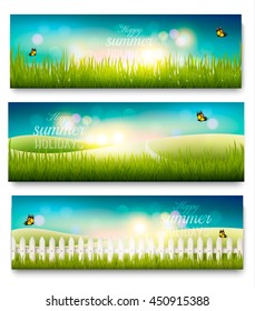 Three beautiful summer meadow landscape banners with butterflies. Vector.