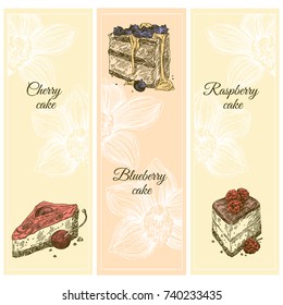 Three beautiful vertical banners. Desserts. Cherry cake, blueberry cake and raspberry cake. Vintage style. Vector illustration.