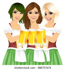 three beautiful waitresses holding beer mugs for oktoberfest party toasting wearing a dirndl