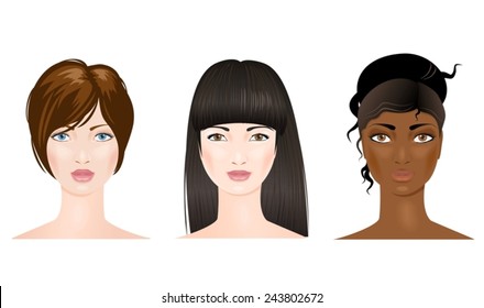 Three Beautiful Woman Faces Different Nationalities Stock Vector ...
