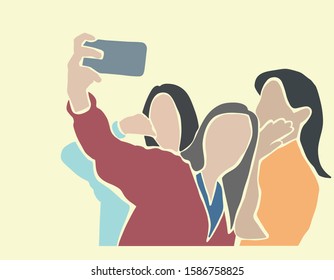 The three beautiful woman are taking photo together on yellow background.