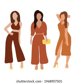 Three beautiful women with different skin colors standing. Group of female friends, union of feminists, sisterhood. Flat cartoon characters isolated