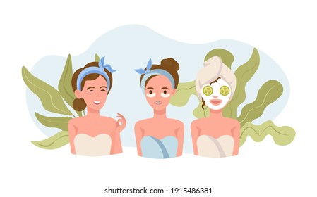 Three beautiful women doing body and skin care procedures. Domestic beauty procedures or spa resort vector flat concept. Happy female characters with facial masks, and sliced cucumbers on eyes.
