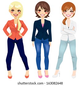 Three beautiful women dressed in smart casual fashion clothing in different poses