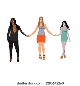Three beautiful women hold hands, no background
