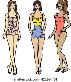 Three beautiful women posing in vintage swimsuits, colored summer fashion sketch, vector isolated eps 10 illustration