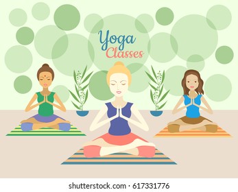 Three beautiful women practicing yoga exercises in gym. Vector illustration