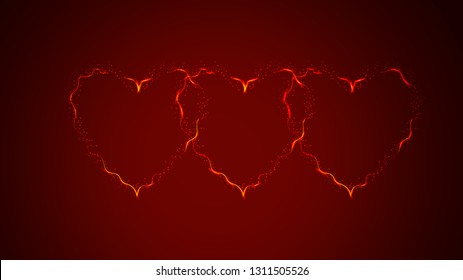 Three beautiful yellow abstract magical energy electric fiery shiny glowing festive hearts with sparks on a red background. Vector illustration.