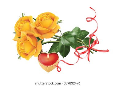 Three beautiful yellow roses with the red ribbon and the candle in the shape of heart. Isolated on the white background.