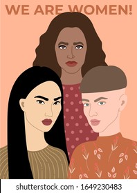 Three beautiful young girl, vector illustration. International Women's Day, 8 march. We are women.