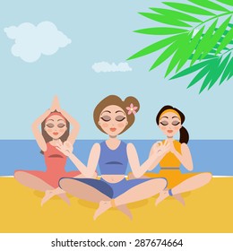 Three beautiful young girls doing healthy yoga sports  on a sunny day on the beach, meditating under palm tree leafs.