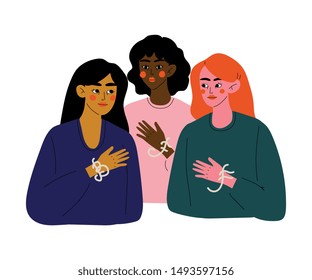 Three Beautiful Young Woman Talking to Each Other, Female Friendship, Friends Spending Time Together Vector Illustration