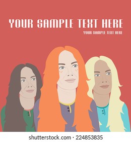 Three beautiful young women: brunette, redhead and blonde isolated on red background