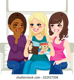 Three Beautiful Young Women Reading Fashion And Gossip Magazine Chatting And Having Fun