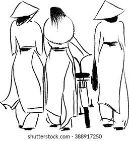 Three beautiful young women stroll in Ho Chi Minh City  Vietnam 
They are dressed in traditional Ao Dai dresses  trousers   conical hats 
