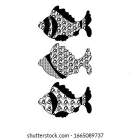 Drei schöne Fische im zentangle-Stil. Geeignet für Aufkleber, Drucke, Dekoration, Farbbücher für Erwachsene und Kinder. Grafiken der Vektorillustration.