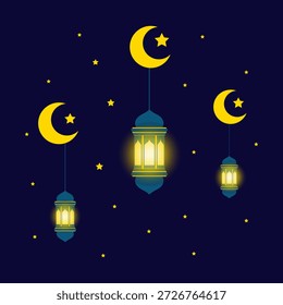 Três lanternas islâmicas lindamente iluminadas são suspensas de luas e estrelas de crescente contra um céu noturno azul escuro, criando uma atmosfera serena e festiva.