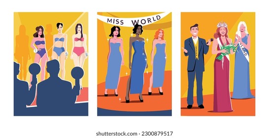 Three beauty contest flat icon set with three beautiful miss world contestants perform in swimsuits dresses and one of them is awarded vector illustration