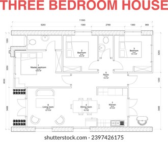 Three bedroom house architectural floor plan eps