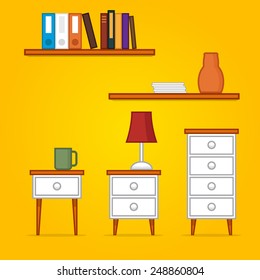 Three bedside, table lamp and bookshelves
