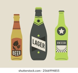 Three beer bottles. Craft brewery or oktoberfest graphic. Beer festival or drinks concept. Vector flat illustration design isolated. 