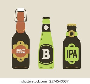 Three beer bottles. Craft brewery or oktoberfest graphic. Beer festival or drinks concept. Vector flat illustration design isolated. 