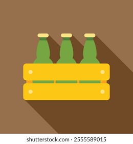 Three beer bottles standing in wooden crate for storage or delivery with long shadow on brown background