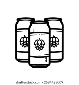 Paquete de tres latas de cerveza con etiqueta de lúpulo - icono de Vector de línea