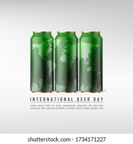 Three beer cans standing, with world map and cityscape silhouette on it's surface. 