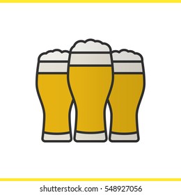 Three beer glasses color icon. Foamy light beer glasses. Isolated vector illustration