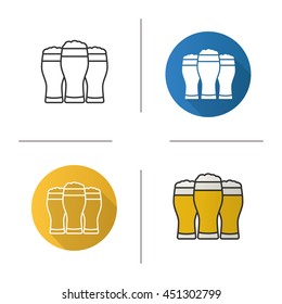 Three beer glasses icon. Flat design, linear and color styles. Foamy light beer glasses. Isolated vector illustrations