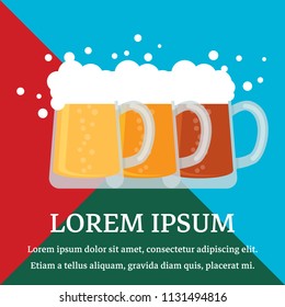 Three beer glasses or mugs on color background. Template for banner, flyer, poster, invitation card design. Vector illustration