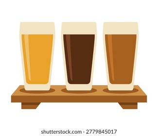 Three beer glasses placed on wooden tasting paddle