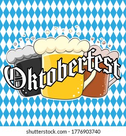 Three beer mugs with Oktoberfest lettering for stickers, banners, logos, stickers and theme design. Color simple vector illustration