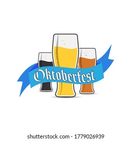 Three beer mugs with Oktoberfest lettering for stickers, banners, logos, stickers and theme design. Color simple vector illustration isolated on a white background