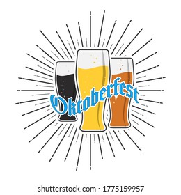 Three beer mugs with a salute and Oktoberfest lettering for stickers, banners, logos, stickers and theme design. Color simple vector illustration isolated on a white background